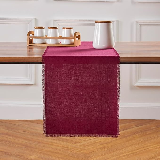 Solino Home Linen Beet Table Runner 72 Inches Long - Fringe, 100% Pure Linen Dining Table Runner 14 x 72 Inch for Valentines, Winter