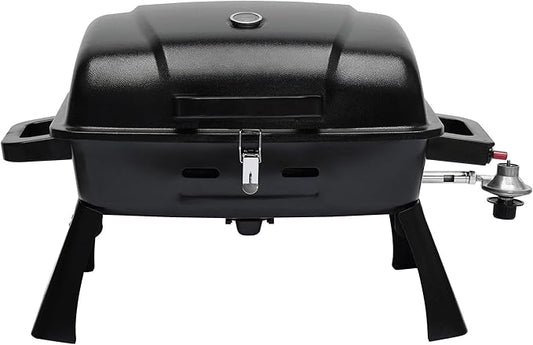 BrandMan Portable Propane Gas Grill, 1-Burner Tabletop Compact BBQ Grill with Folding Legs and Lockable Lid for Camping, Tailgating & Outdoor Cooking, Hassle-Free Setup