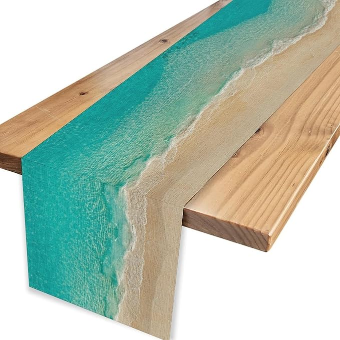 Blue Sea Waves Table Runner, Summer Turquoise Tropical Beach Sandy Ocean Clear Sea Water Coffee Table Center Deco, for Wedding Party Holiday and Living Room Table Decorations, 13" X 108"