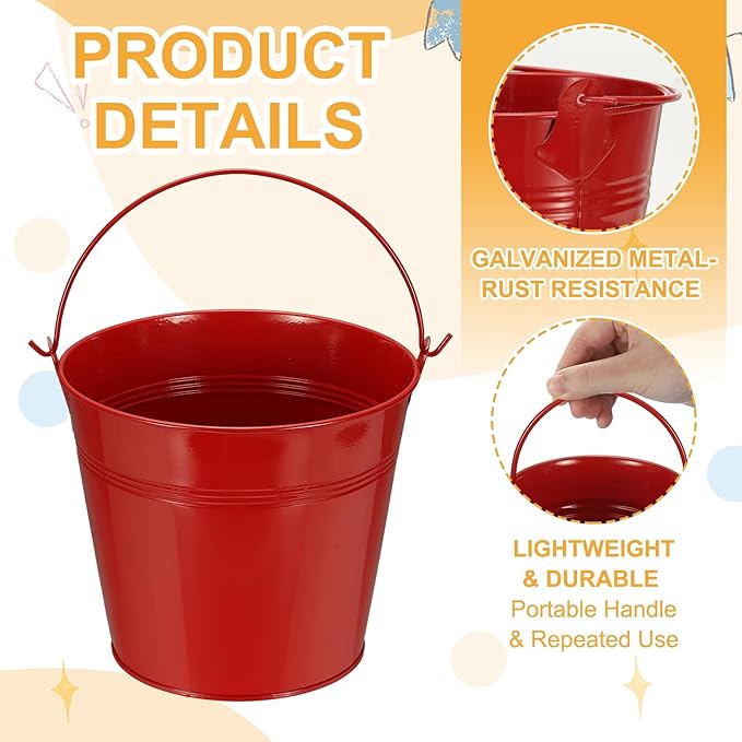 Small Metal Buckets, Mini Buckets with Handle Galvanized Colored Tin Pail Containers Basket Party Supplies - Fit for (Halloween - Classroom Crafts) 6" & 10Pcs & Red