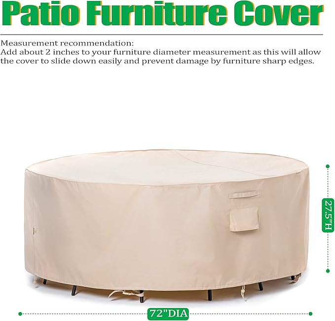 F&J Outdoors Patio Furniture Covers Waterproof UV Resistant Rip-stop Fabric Round Patio Table Cover Furniture Cover, Beige, 72" Dia x 27.5" H