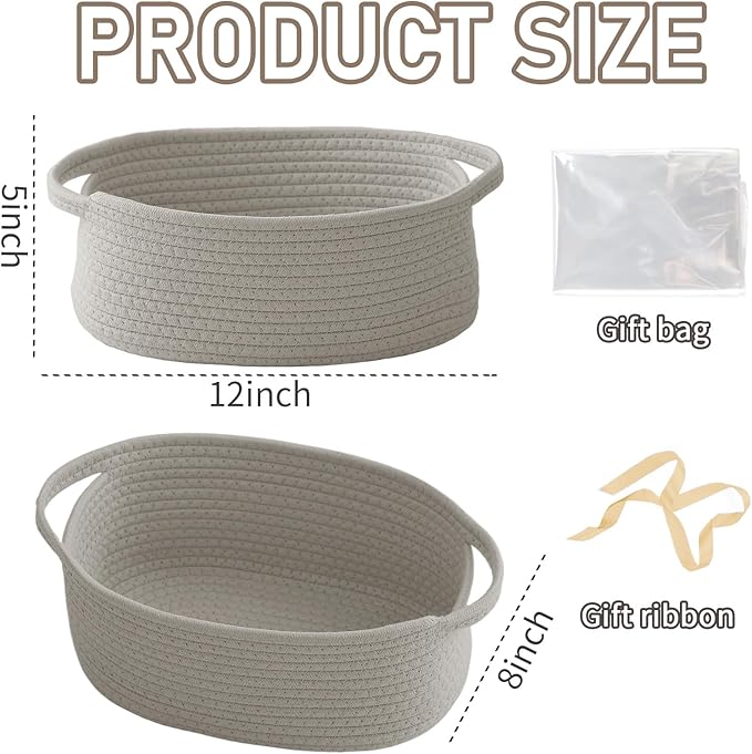 Woven Basket,Small Rope Storage Bin with Handles & Ribbon Bag, Organizer for Shelves Closets,Gift Basket Empty for Birthday,Books,Dog Toys, Grey/3 Pack
