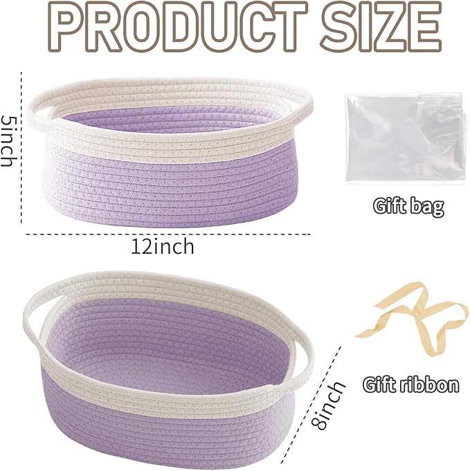 Woven Basket,Small Rope Storage Bin with Handles & Ribbon Bag, Organizer for Shelves Closets,Gift Basket Empty for Birthday,Books,Dog Toys, White&Purple