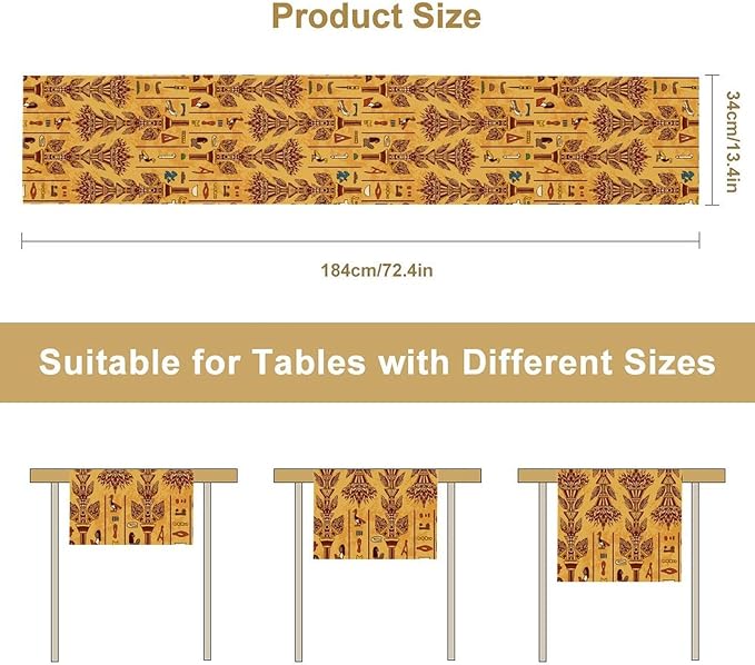 Egyptian Table Runner, Rustic Egypt Mythology Pharaohs African Hieroglyphs Old Alphabetic Table Runner for Kitchen Dining Room Farmhouse Party Banquet 13x120in