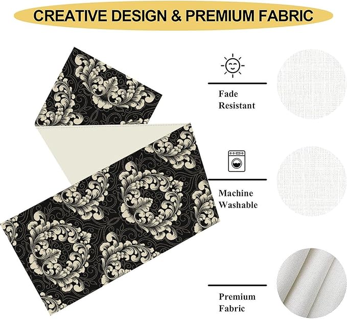 Gothic Table Runner, Retro Black Damask Baroque Style Floral Bohemian Exotic Coffee Vintage Table Center Decor for Kitchen and Dining Outdoor Home Country Party Table Decorations, 13"x72"