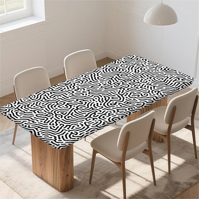 Rectangle Table Cloth Cover Waterproof Elastic Fitted Polyester Fitted Tablecloths for 6 Foot Tables for Indoor,Picnic, Camping, Outdoor （60" x 30"，Abstract Geometry）