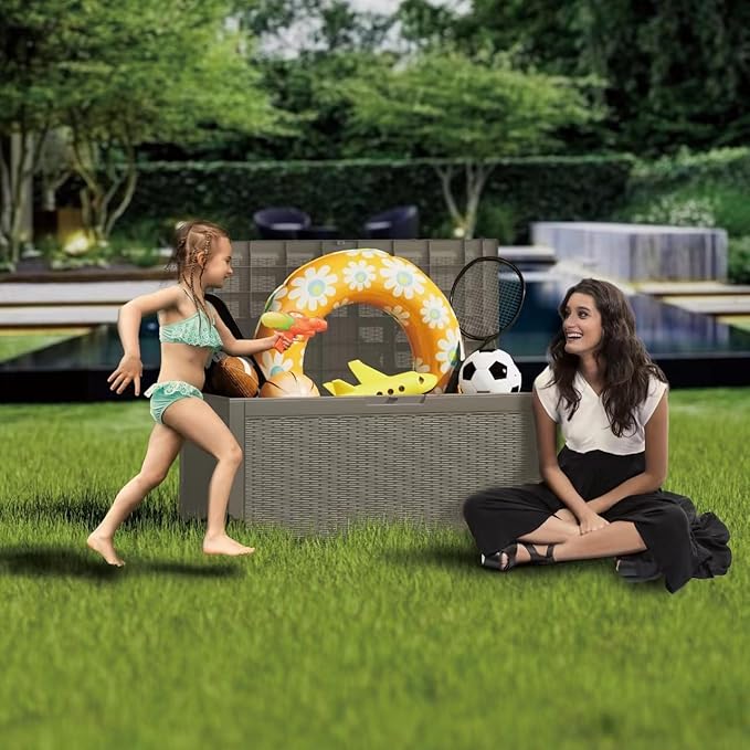100 Gallon Patio Storage Bench - Waterproof Outdoor Deck Box & Storage Cabinet, Lockable Resin Chest for Pool/Garden Accessories, UV-Resistant, Weathered Grey