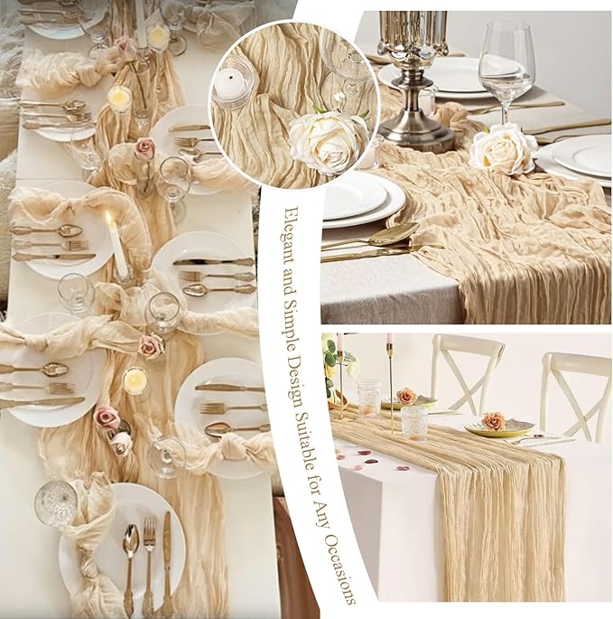 8 Packs Cheesecloth Table Runner 10FT Long Boho Gauze Fabric Table Runner Vintage Rustic Sheer Runners for Wedding Party Bridal Baby Shower Table Decorations (Beige )