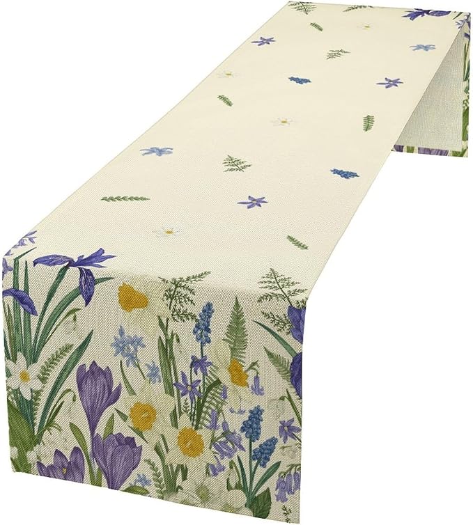 Wildflowers Table Runner,Spring Purple Floral Summer Seasons Daisy Flower Print Kitchen Dining Table Decoration for Home Farmhouse Party 13x90in