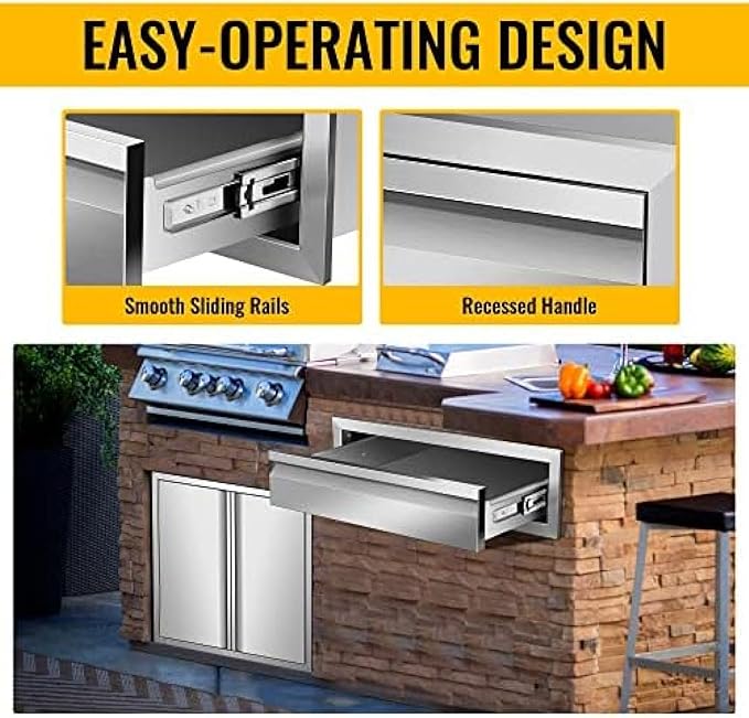Flush Mount Stainless Steel Double Drawers with Recessed Handles for Outdoor Kitchens Or BBQ Island,-24W X 6.5H X 23D Inch