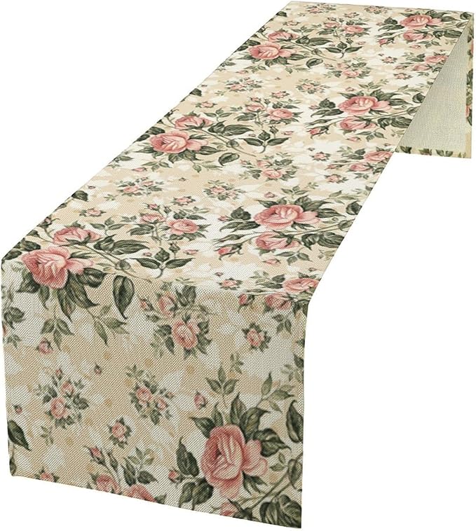 Rose Floral Table Runner,Vintage Watercolor Spring Summer Seasons Flowers Table Decoration for Wedding Holiday Indoor Outdoor Home Party 13x70in