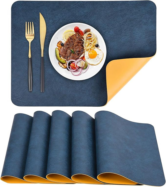 Faux Leather Placemats Set of 6 Table Mats Heat Resistant Reversible Place Mats, Waterproof Wipeable Dining Table Placemats for Home Party Outdoor, 15.8 x 11.8 inches (Blue/Yellow)
