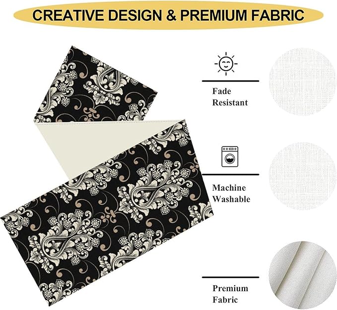 Goth Table Runner, Antique Gothic Damask Pattern Baroque Style Black Floral Flower Exotic Coffee Vintage Table Center Decor for Kitchen and Dining Outdoor Country Party Table Decorations, 13"x36"
