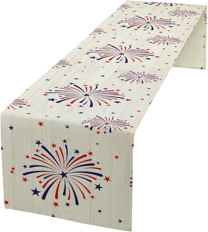 Fireworks Table Runner, 4th of July Patriotic Memorial Day American Independence Day Table Runner for Holiday Kitchen Dining Holiday 13x70in