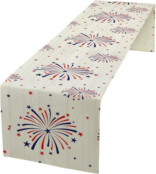 Fireworks Table Runner, 4th of July Patriotic Memorial Day American Independence Day Table Runner for Holiday Kitchen Dining Holiday 13x60in