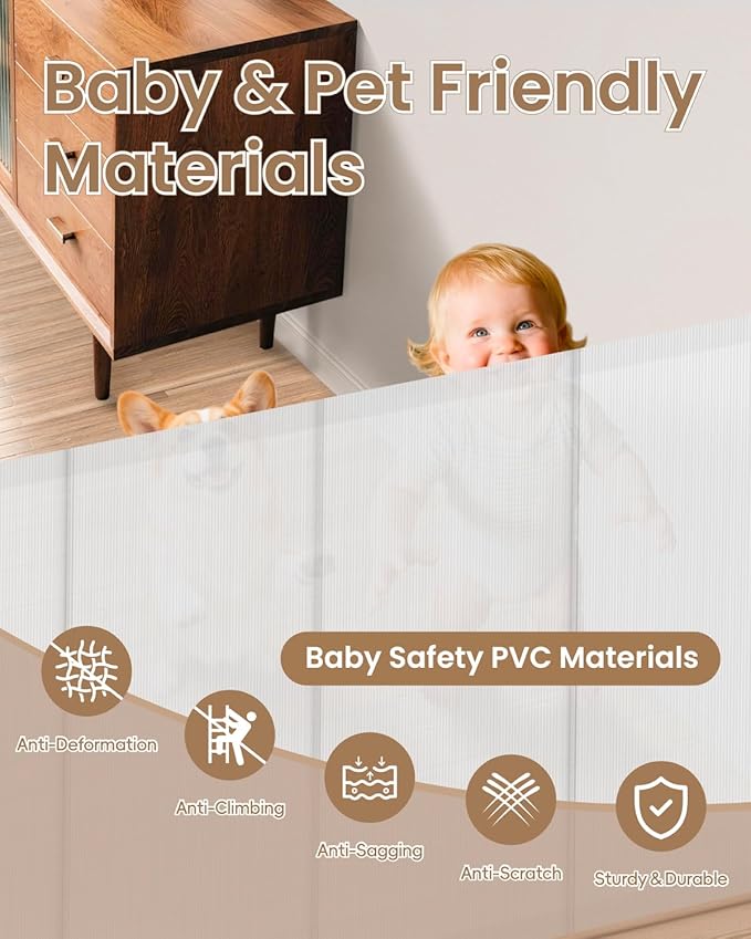 Retractable Baby Gate, 55" Wide Mesh Gate with 4 Reinforced Rods, Prevents Kids & Dogs from Crawling Under, 34" Tall Easy-to-Use Pet Gate for Stairs, Bedrooms, Hallways, Indoor/Outdoor, White