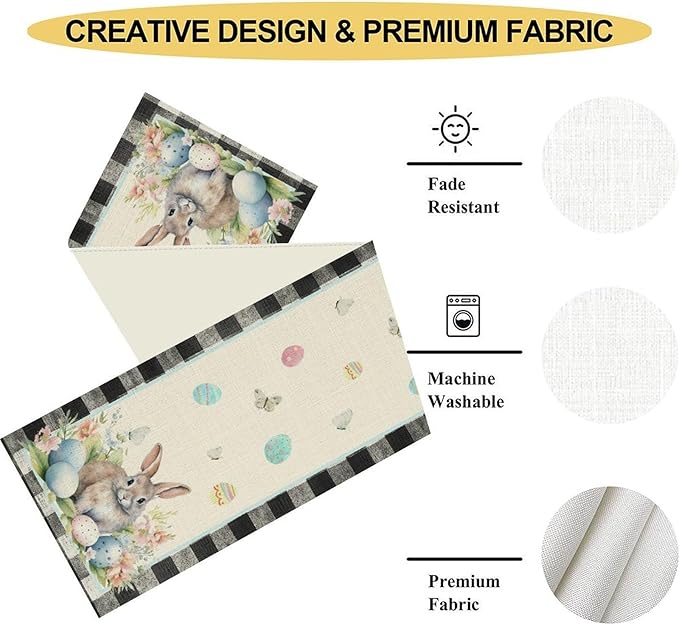 Easter Table Runner,Vinatge Black Plaid Rabbit Easter Eggs Butterflies Floral Spring Table Center Decor for Family Kitchen and Living Room Outdoor Farmhouse Party Table Decorations, 13"x108"