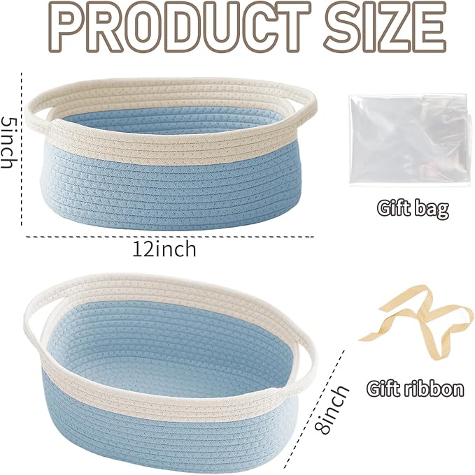 Woven Basket,Small Rope Storage Bin with Handles & Ribbon Bag, Organizer for Shelves Closets,Gift Basket Empty for Birthday,Books,Dog Toys, White&Blue/2 Pack