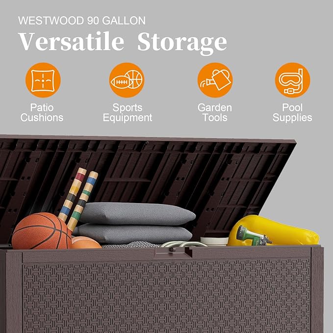 ZYJOYY 90 Gallon Resin Deck Box, Weatherproof Outdoor Storage Box for Patio, Garden, Pool, and Yard, Lockable Waterproof Bin for Tools, Cushions, and Accessories, Brown