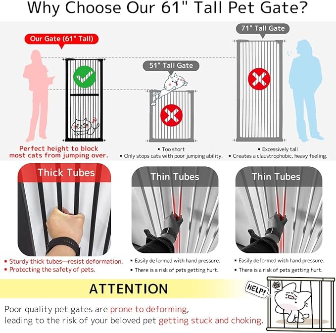 Lumizone Extra Tall Cat Gate 61.02" High Pressure Mounted Extra Wide 63.39"-67.32" (17Sizes) 1.37" Gap No Drilling Auto-Close Tall Pet Gate for Dogs (Black, 63.39"-67.32" W)