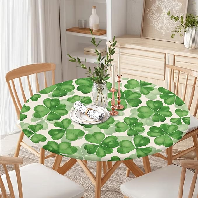St Patricks Day Round Fitted Tablecloth with Elastic Spring Green Watercolor Shamrock Circle Table Cloth for 48-52" Tables Waterproof Washable Clover Leaf Floral Table Cover for Outdoor Picnic Dining