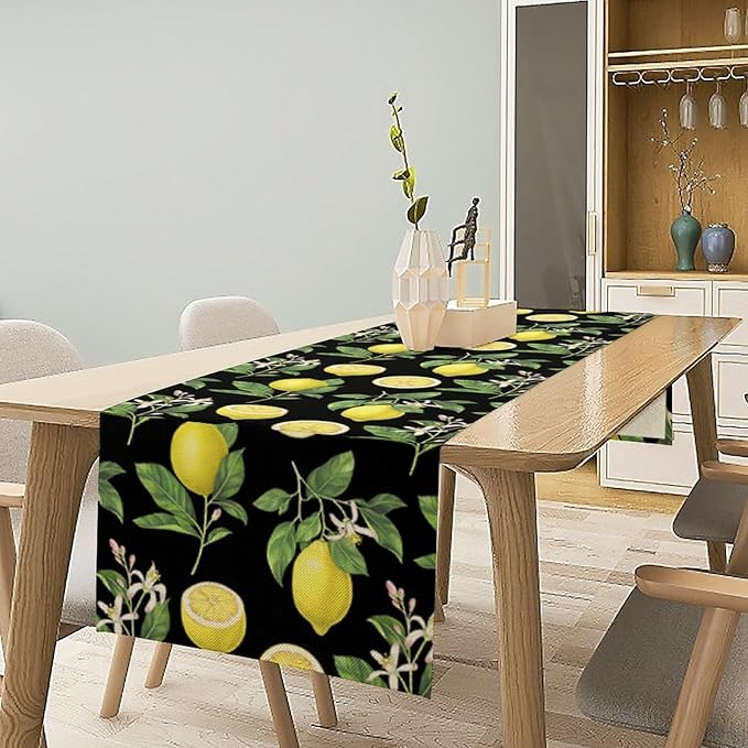 Watercolor Lemon Table Runner, Spring Summer Seasonal Green Leaves Flowers Yellow Fruits Print Table Runner for Farmhouse Kitchen Dining Table Home Party Indoor Decor 13x108in