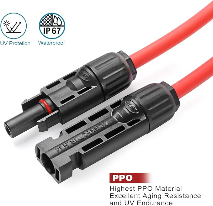Solar Cable 6 Feet 10AWG Solar Extension Cable with Female and Male Connector, Solar Panel Wire Adaptor Kit Tool (6FT Red + 6FT Black)