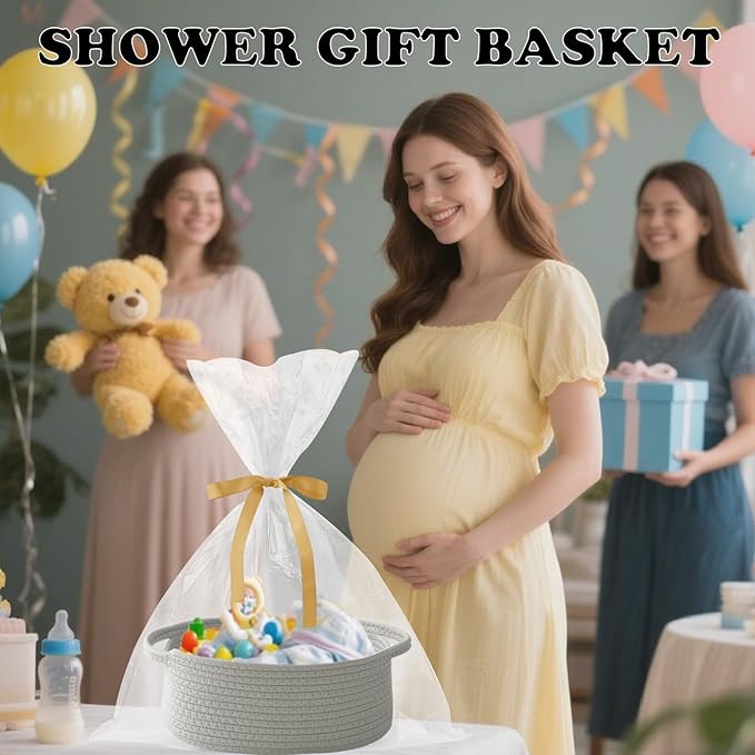 3 Pack Gift Basket with Gift Bag and Ribbons,Small Rope Woven Shelf Storage,Baskets for Gifts Empty,Birthday,Baby Shower,Decorative Organizer Box with Handles(Grey)