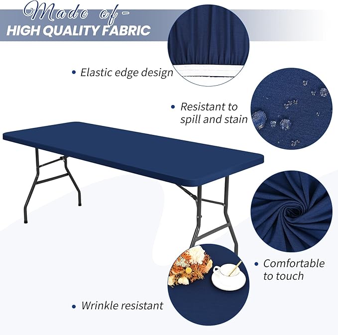 10 Pack Stretch Fabric Table Top Cap Cover, fits 8Ft Tables, Spandex Table Covers Washable Elastic Universal Rectangle Tablecloth Protector for Outdoor Party Picnic Wedding, Navy Blue, 30" W x 96" L