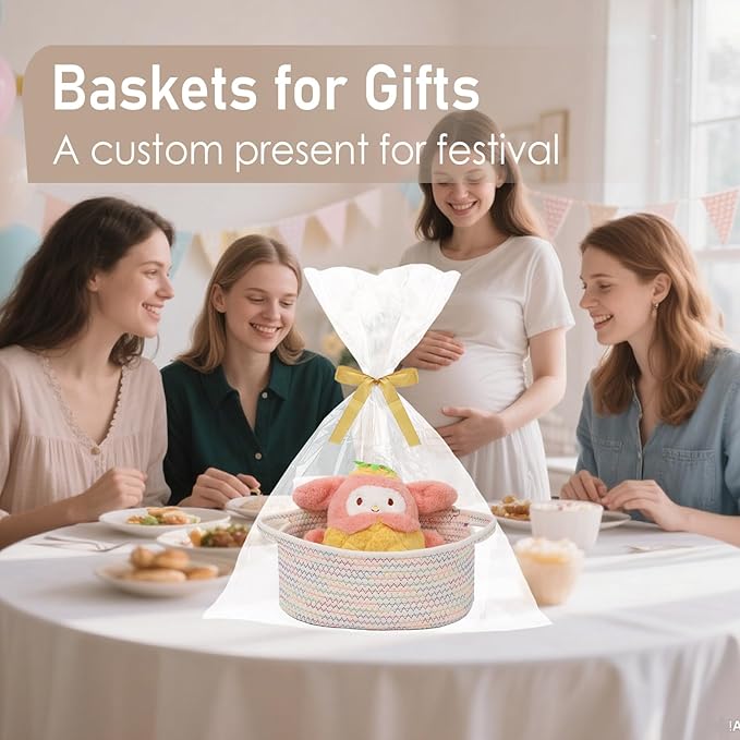 Woven Basket,Small Rope Storage Bin with Handles & Ribbon Bag, Organizer for Shelves Closets,Gift Basket Empty for Birthday,Books,Dog Toys, Colorful/2 Pack