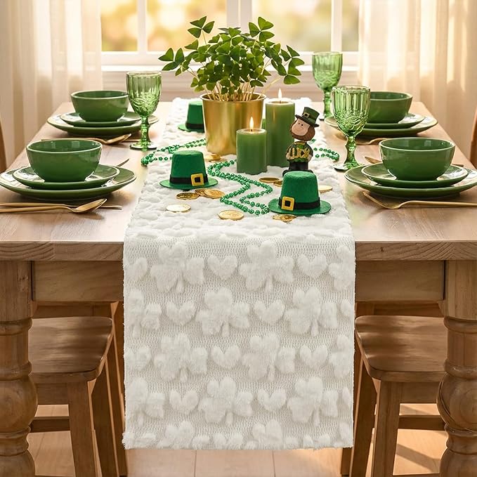 Artoid Mode White Soft Plush Faux Fur Jacquard Heart Clover St. Patrick's Day Table Runner, Seasonal Kitchen Dining Table Decoration for Home Party Decor 13x72 Inch