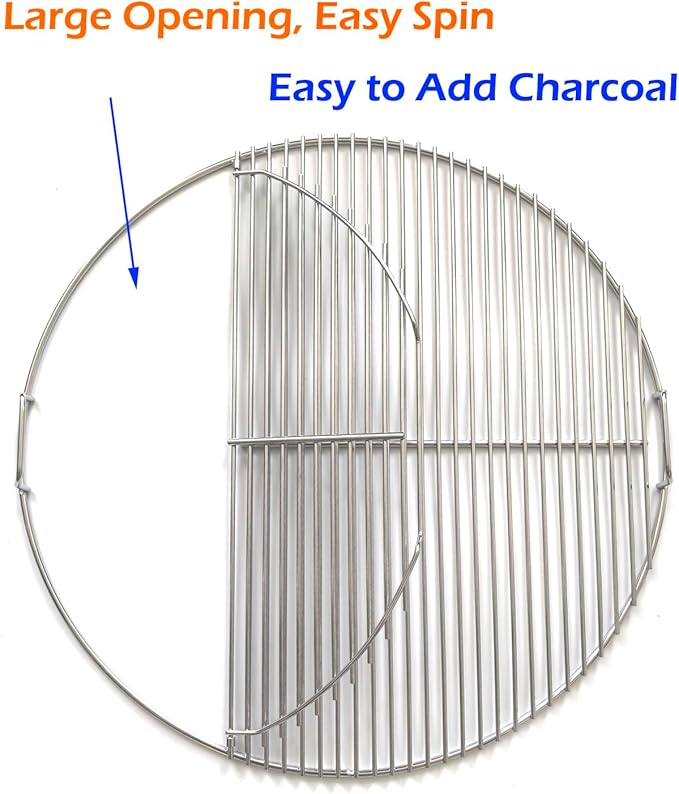 Upgraded Hinged Grill Grate 18 inch Replacement Compatible with Weber, Stainless Steel 304, Charcoal Grill 2-Zone Cooking Grate, Large Opening, Easy Spin Tailgating & Backyard Cooking