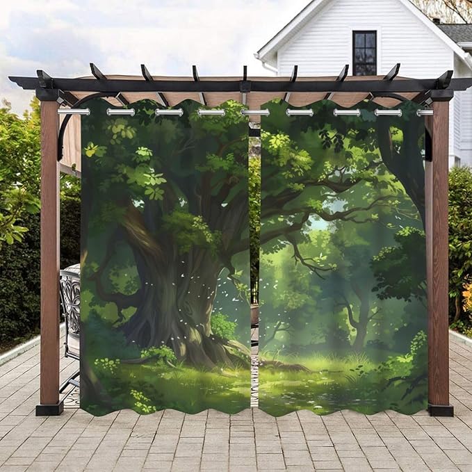 Nature Theme Outdoor Curtains for Patio Waterproof,Forest Pattern,Weatherproof Outside Curtain for Cabana, Porch, Pergola and Gazebo,Set of 2 Panels,W42 x L84,Green