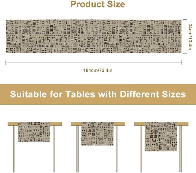Farmhouse Animal Table Runner, Vintage Country Cow Chicken Sheep Pig Rustic Western Windmill Print Table Runner for Home Dining Kitchen Table Indoors Outdoors Party, 13x36inch