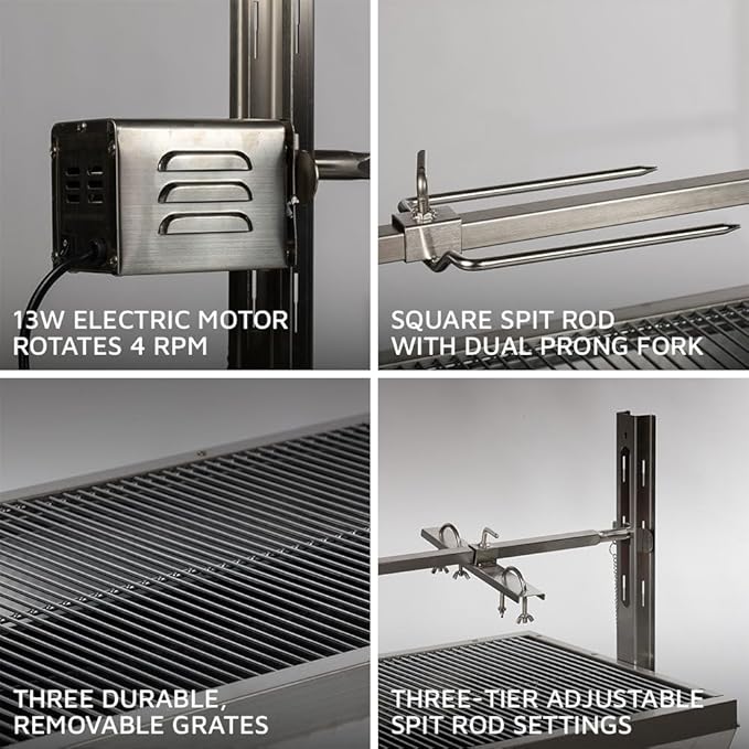 Ash & Ember 13W Stainless Steel Rotisserie Grill, Rated 85 LB for Medium Game, 4 RPM Rotation Speed, Outdoor Grill with Dual Prong Spit Rod, Single Leg Bracket, and Spine Fork