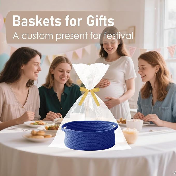 Woven Basket,Small Rope Storage Bin with Handles & Ribbon Bag, Organizer for Shelves Closets,Gift Basket Empty for Birthday,Books,Dog Toys, Navy Blue/2 Pack