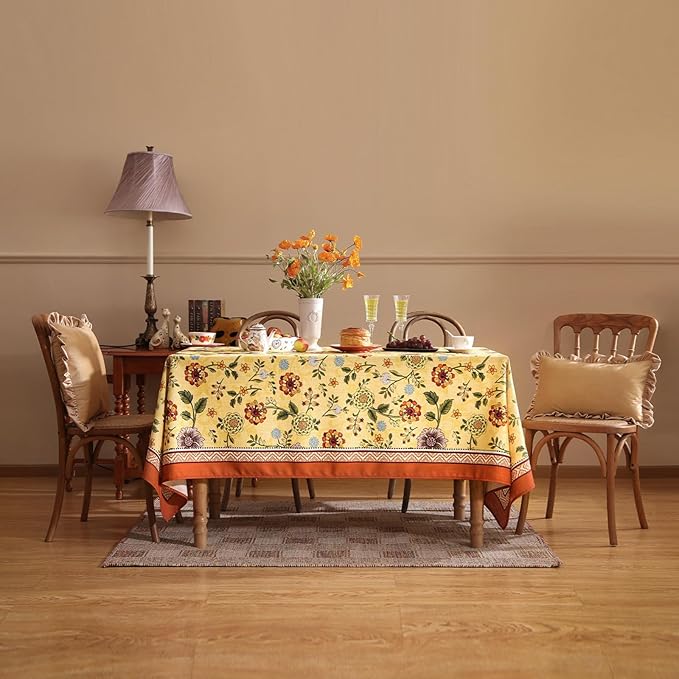 Vintage Linen Small Tablecloth for Square Table,Yellow Floral French Wrinkle Free Tablecloths,Decorative Table Cover for Kitchen,Dining,Thanksgiving,Farmhouse,55" × 55"-Bellano