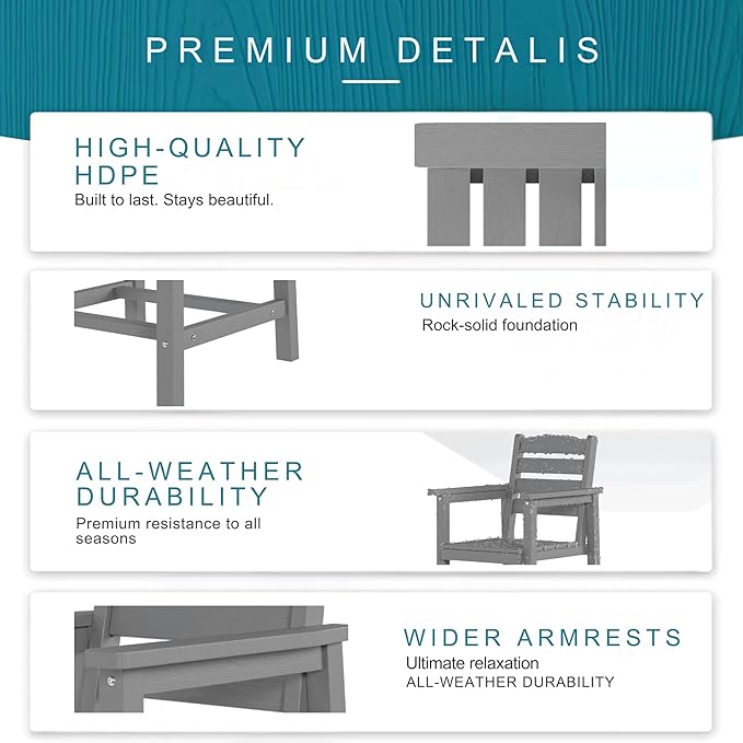 7 Piece Patio Dining Set with 11ft Patio Umbrella (Beige), 7 Gray Outdoor HDPE Dining Set with 6 Chairs + 1 Large Table with 2" Umbrella Hole, for Market, Pool, Garden, Backyard, Deck