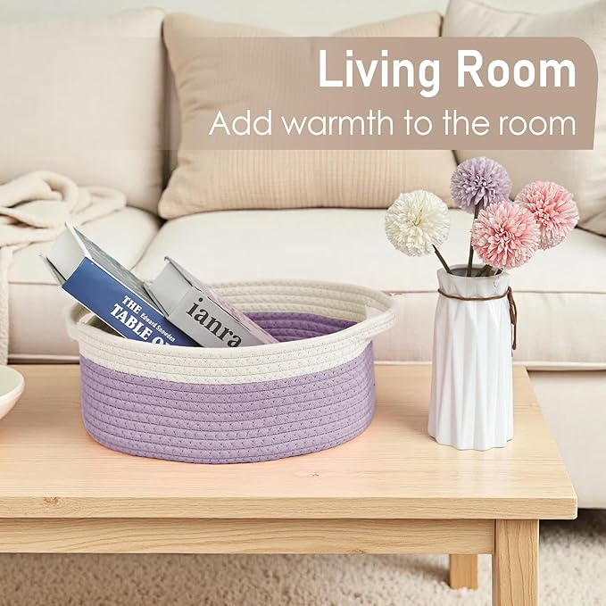 Woven Basket,Small Rope Storage Bin with Handles & Ribbon Bag, Organizer for Shelves Closets,Gift Basket Empty for Birthday,Books,Dog Toys, White&Purple/2 Pack