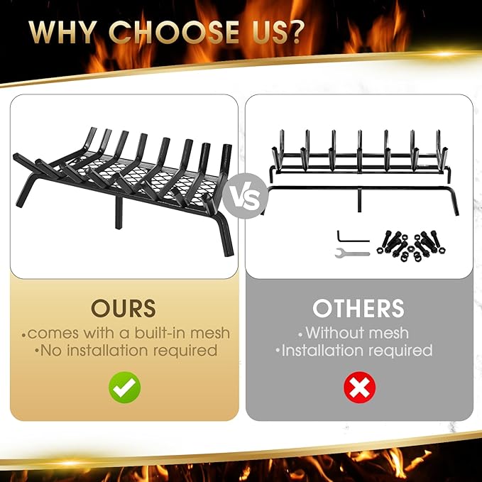 G GOOD GAIN Fireplace Grate with Ember Retainer, 28" Heavy Duty Steel Indoor, Chimney Hearth Wood Stove Rack Holder,1/2 Bar Fire Place Asseccories for Outdoor, Fire Pits, Camping.