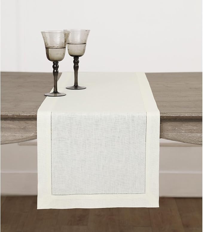 Solino Home Linen Ivory Table Runner 120 Inches Long - 100% Pure Linen 14 x 120 Inch Table Runner for Spring, Easter - Classic Hemstitch