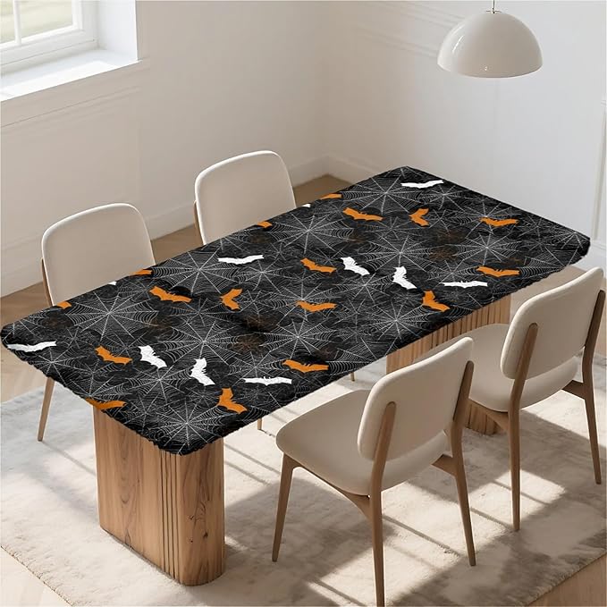 Rectangle Table Cloth Cover Waterproof Elastic Fitted Polyester Fitted Tablecloths for 8 Foot Tables for Indoor,Picnic, Camping, Outdoor （96" x 30"，Halloween）