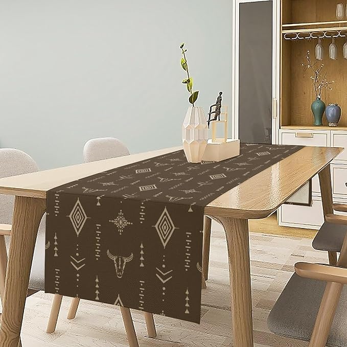 Western Cow Skull Table Runner,Vintage Boho Aztec Cow Ethnic Pattern Printed Table Runner for Home Kitchen Dining Farmhouse Coffee 13x70in