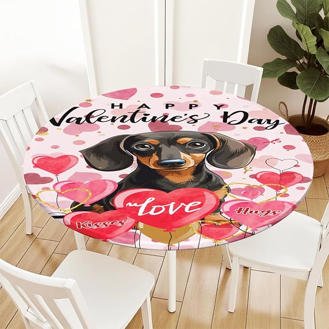 Valentines Day Round Fitted Tablecloth with Elastic Pink Love Heart Dog Circle Table Cloth for 44-48" Tables Wipeable Waterproof Washable Valentine Puppy Table Cover for Picnic Dining Party Decor