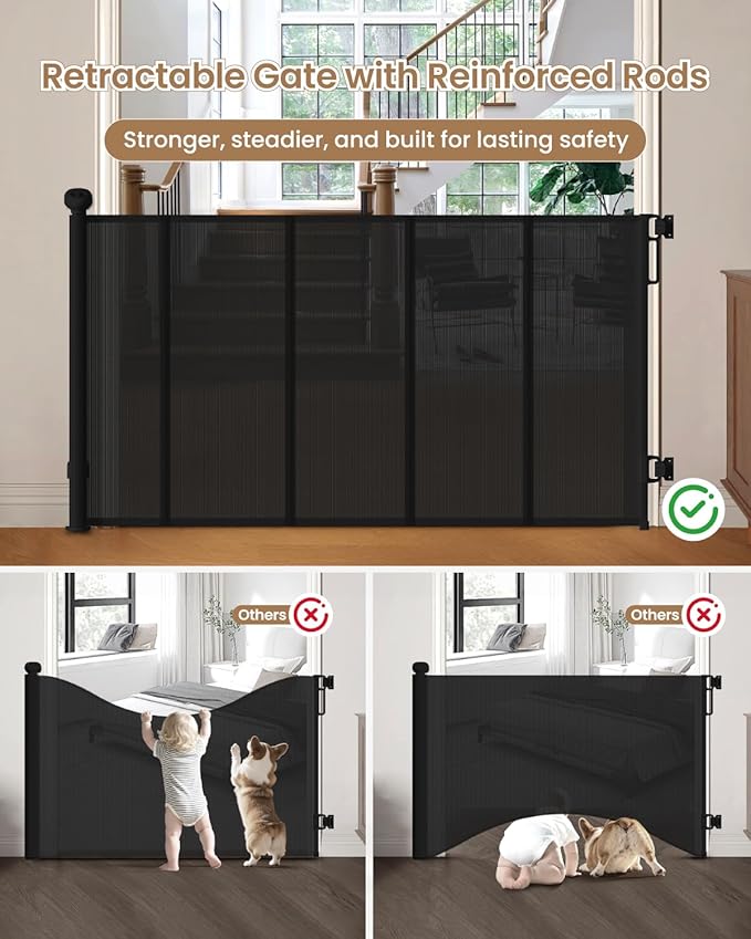Retractable Baby Gate, 55" Wide Mesh Baby Gate with 4 Reinforced Rods, 34" Tall Anti-Sagging Dog Gate, Prevents Kids & Dogs from Crawling Under, for Stairways, Hallways & Patios, Black