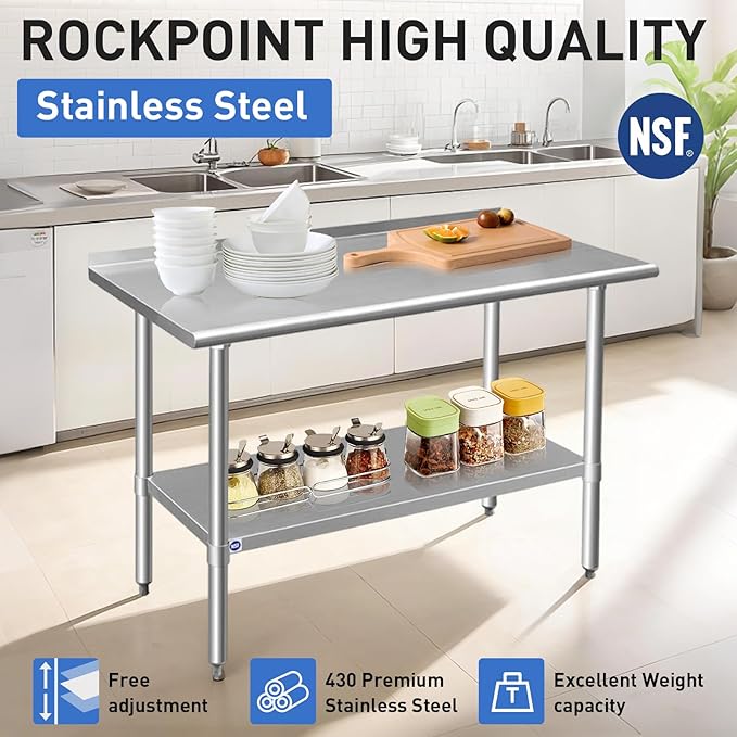 ROCKPOINT Stainless Steel Table for Prep & Work with Backsplash 18x60 Inches, NSF Metal Commercial Kitchen Heavy Duty Table with Adjustable Under Shelf and Table Foot for Restaurant, Home and Hotel