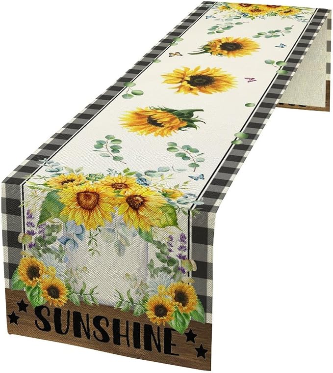Sunflower Table Runner, Buffalo Floral Seasons Spring Summer Fall Table Runner for Kitchen Dining Farmhouse Home Party Outdoor 13x36in