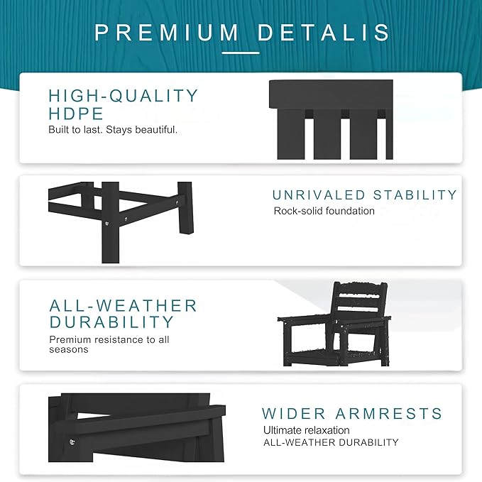 7 Piece Patio Dining Set with 11ft Patio Umbrella (Teal), 7 Black Outdoor HDPE Dining Set with 6 Chairs + 1 Large Table, for Market, Pool, Garden, Backyard, Deck