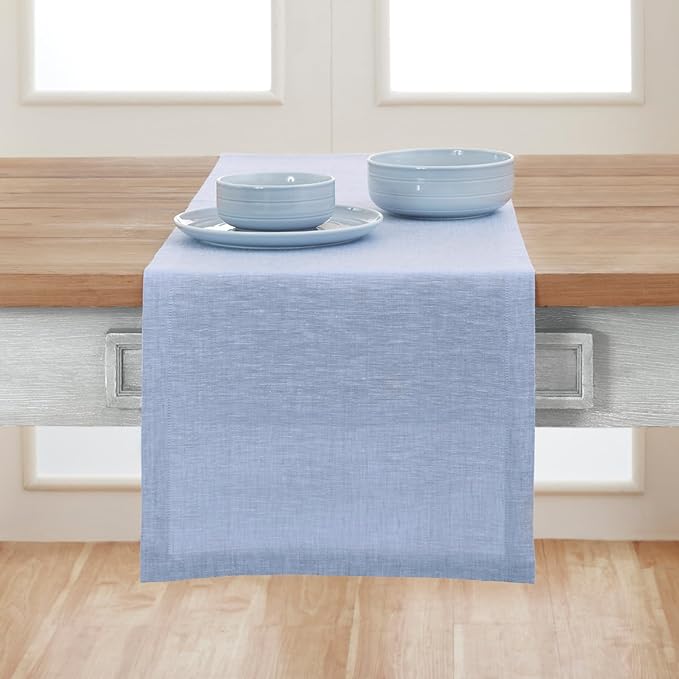 Solino Home Linen Table Runner 120 Inches Long - Athena, 100% Pure Linen Chambray Blue Table Runner 14 x 120 Inch for Dining, Winter, Spring, Easter