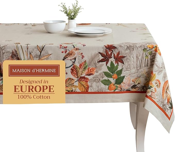 Maison d' Hermine Table Cloth Rectangle Table 100% Cotton 70 x 90 Inches Fall Tablecloth Reusable Everyday Use for Thanksgiving Christmas Decorations Dining Farmhouse Party (Recolte)